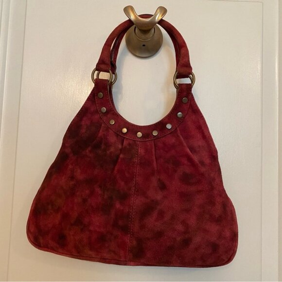 MAURIZIO TAIUTI ITALY BAG HAND RED SUEDE LEATHER BRONZE COLOR STUDS SNAP TOP - Picture 2 of 13